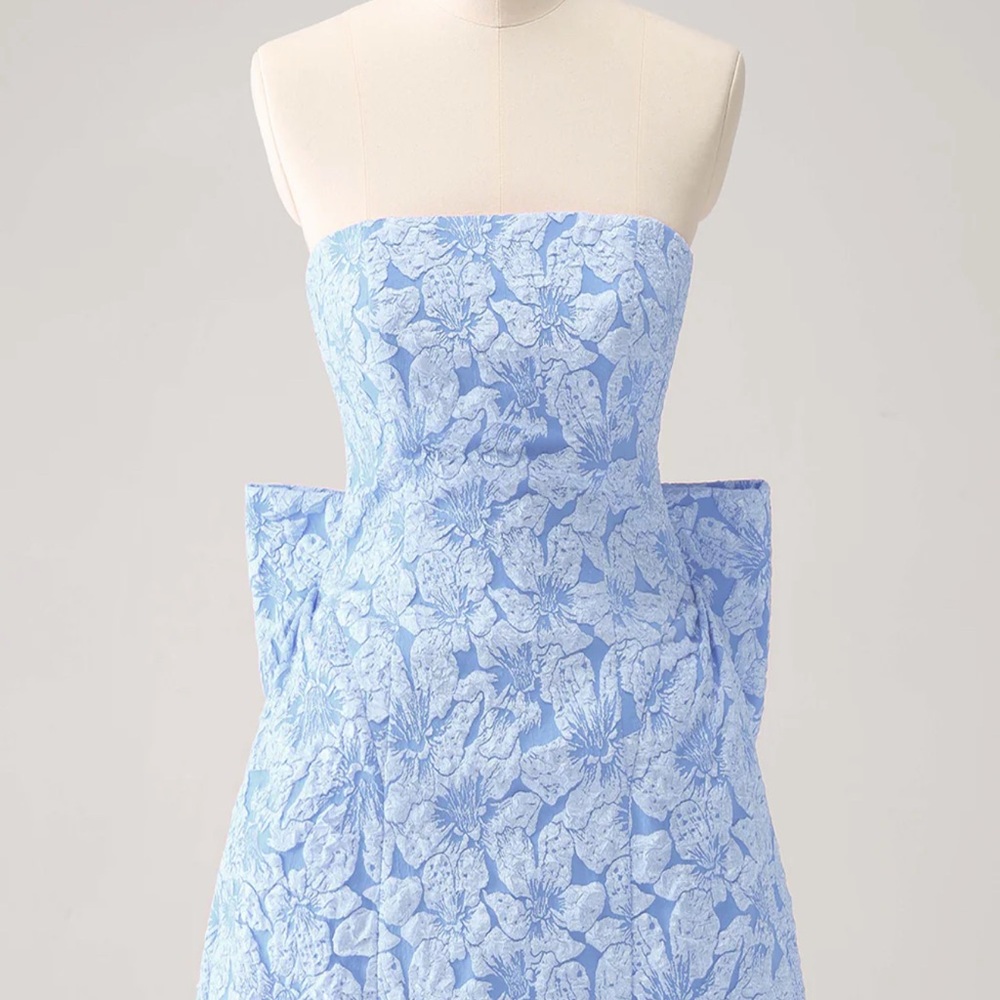 Strapless Light Blue Floral Prom Dress